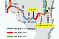 宮崎自動車道、最高速度規制引き上げ試行…一部区間80km/hから100km/hに 画像