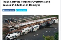 中国で自動車積載トレーラーが横転…高級車11台に損害 画像