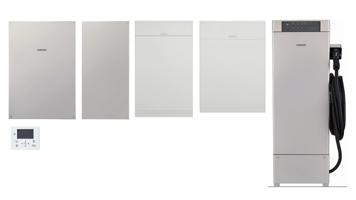 左より、トリプル蓄電パワーコンディショナ、蓄電池用コンバータ、蓄電池ユニット6.5kWh/9.7kWh、V2Hスタンド