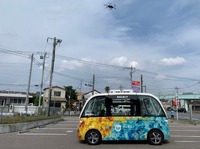 自動運転バスで運ばれた荷物を搭載して飛び立つドローン(道の駅さかい)