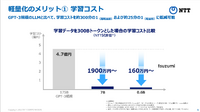 tsuzumiの学習コストはGPT-3に対して軽量版で1/25。超軽量版では1/300となる。