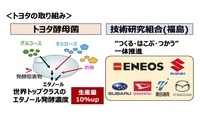 トヨタは発酵で得られるアルコールを10%増加させる酵母菌を開発。現在、第2世代バイオエタノール燃料の製造技術構造を目指して研究を推進している