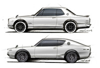 和田智氏の直筆によるハコスカGT-R(上)とケンメリGT-R(下)のスケッチ