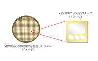 xEV用SiC-MOSFETを製造したウエハ(左)とサンプル提供を開始するチップ(右)(イメージ)