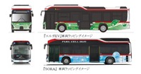 トヨタの燃料電池バス『SORA』(下)と国産初のEV大型バスいすゞ『エルガEV』(上)