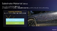 新機能「Substrate」は、クリアコートやメタリックフレークを含むカーペイントのような、複数の層からなる複雑なマテリアルを物理的に正しく表現できる。