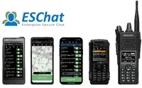 IP無線サービス「ESChat」とKENWOODブランドの無線機端末(右端)