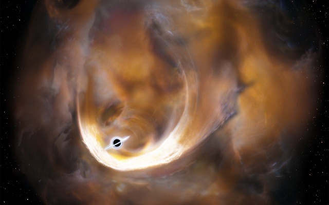 中質量ブラックホールによる重力散乱で雲が加速される様子（イメージ図）