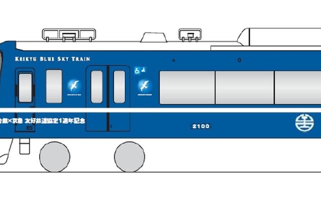 2月22日から京急線で運行される「台湾鉄路の普快車」。京急2100形「KEIKYU BLUE SKY TRAIN」にラッピングを施し、普快車に似たデザインにする。