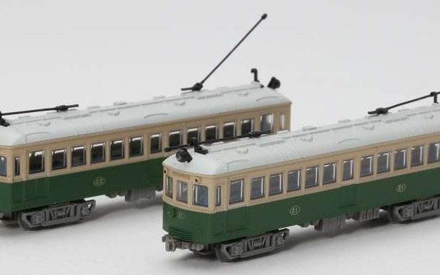 鉄コレの「デナ21型ポール仕様2両セット」。3月中に先行発売会を行い、4月21日から通常発売される。