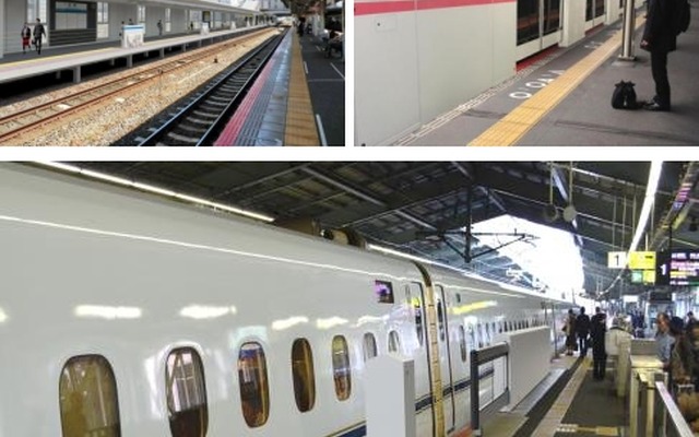 新たにホームドアが設置される高槻（左上）、京橋（右上）、新神戸（下）の3駅。高槻駅はロープが上下する昇降式ホーム柵が設けられる。