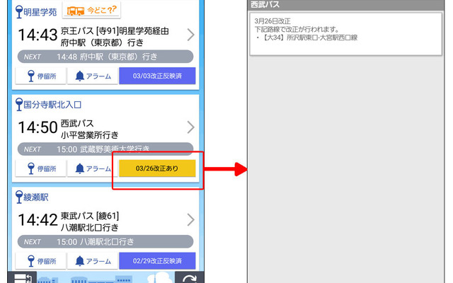 時刻表改正情報の表示機能