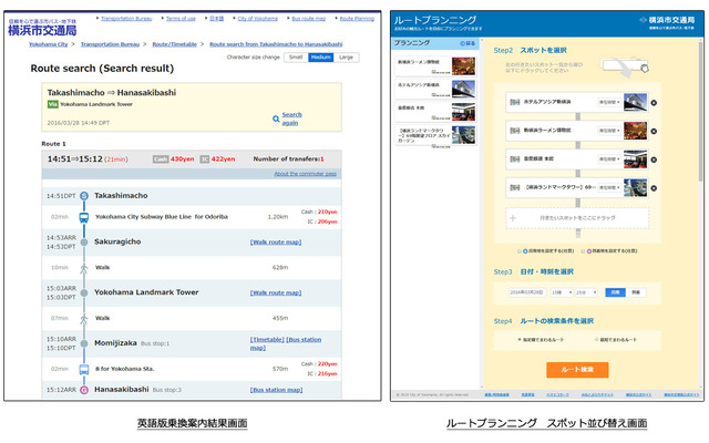 英語版乗換案内結果画面とルートプランニング スポット並び替え画面