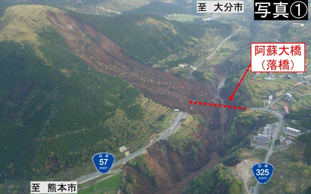 地震で崩落した国道325号阿蘇大橋