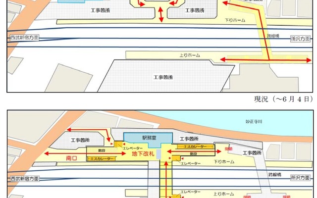 中井駅の平面図（北は下）。6月5日から改札を地下に移動する。