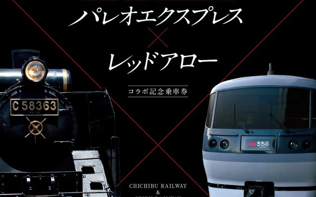 コラボ記念切符の台紙。秩父鉄道『パレオエクスプレス』けん引機のC58形蒸気機関車と西武レッドアローが並ぶ。