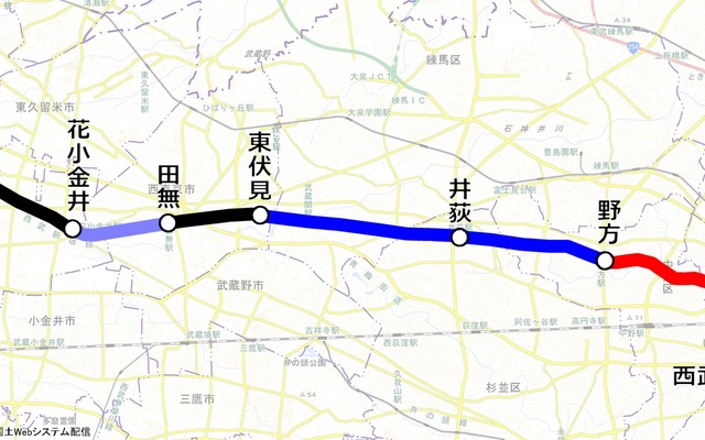 西武新宿線では中井～野方間と東村山駅付近で連立事業による地下化・高架化工事が進められている（赤）。西武鉄道は野方～井荻～東伏見間（青）も連立事業の早期事業化を目指す方針。