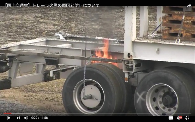 ブレーキ引き摺りによる火災事故の実験（国交省Youtube動画より）