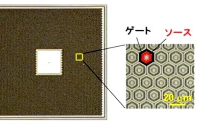 開発したMOSFETチップ（顕微鏡写真）