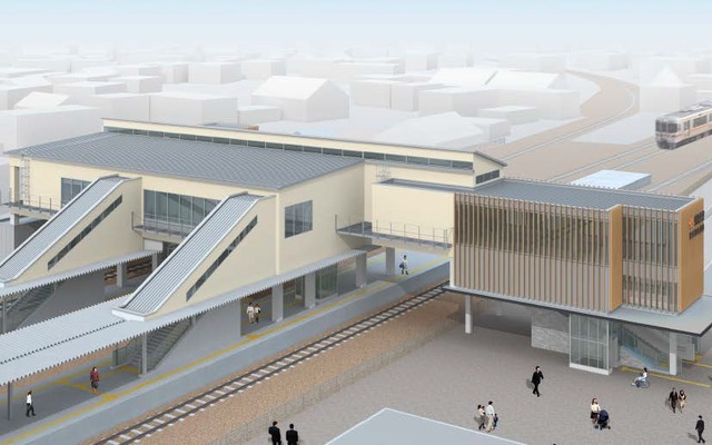 橋上化された新所原駅のイメージ。11月27日から橋上駅舎と自由通路の使用を開始する。