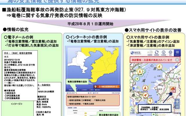 気象警報・注意報などに「竜巻注意情報」、「雷注意報」を追加