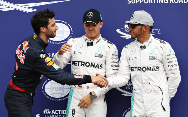 F1ドイツGP予選上位の3選手。向かって左からリチャルド、ロズベルグ、ハミルトン。