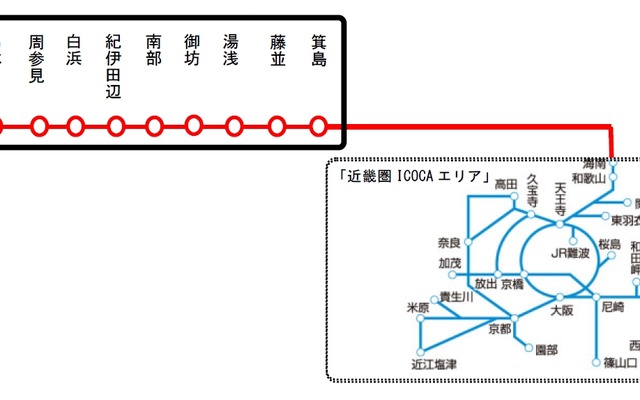 12月からICOCAを利用できるようになる駅（赤）。特急停車駅に限定される。