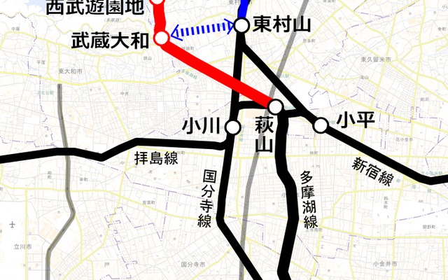 西武多摩湖線の運休区間（赤）。8月27日からバスによる代行輸送（青点線）が増強された。