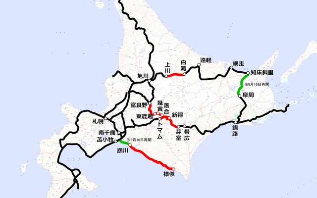 JR北海道の運休区間（赤）。釧網線は全線再開し、日高線も苫小牧～鵡川間が再開した。