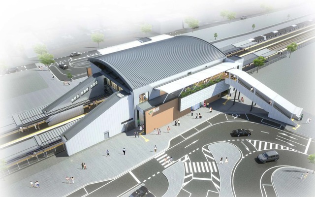 神立駅のイメージ。橋上駅舎と東西を結ぶ自由通路が整備される。