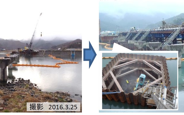 津波で流失した大槌川橋りょうの様子。倒壊した橋台や橋脚の復旧工事が行われている。