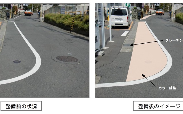 京福撮影所前駅とJR太秦駅を結ぶ道路（左）と改良後（右）のイメージ。路側帯をカラー舗装する。