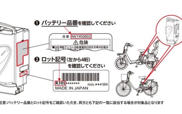 リコールするパナソニックサイクルテック製電動アシスト自転車のバッテリー