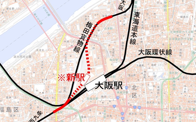 梅田貨物線の地下化区間と新駅の位置（赤）。梅田貨物駅跡地の再開発の一環として行われている。