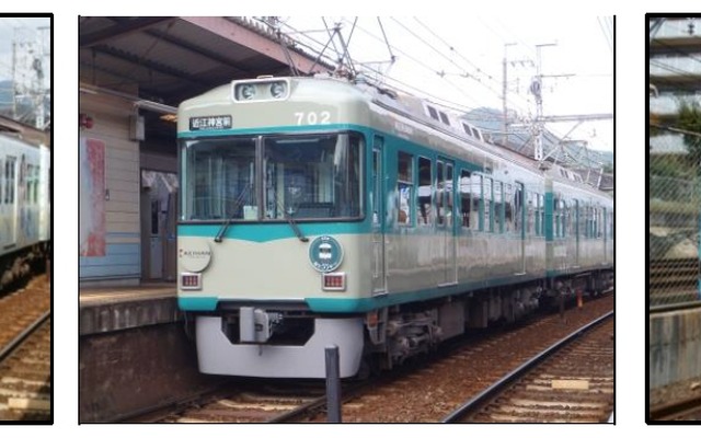 今年の「大津線感謝祭」では「ユーフォニアム号」(左）、80形塗色車（中央）、「ちはやふる号」（右）が展示される。