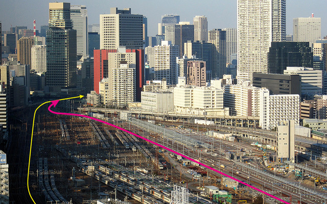 黄色が11月19日までの東海道線上り電車ルート、赤が11月20日からの新ルート