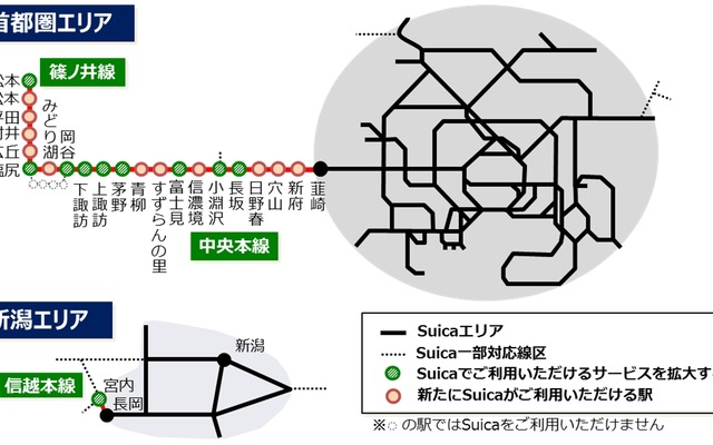 中央本線・篠ノ井線を中心にSuicaの対応駅と対応サービスを拡大。松本以南は辰野経由を除き、全ての駅でSuicaを利用できるようになる。