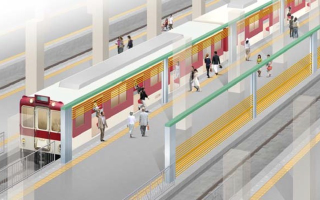 大阪阿部野橋駅に設置されるホームドアのイメージ。ワイヤーロープを使った昇降式を採用する。