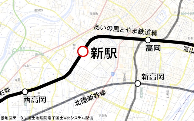 高岡～西高岡間の新駅の位置。2018年春の開業が予定されている。