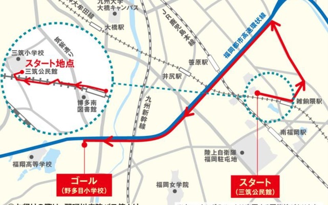 ウオーキングイベントのルート。雑餉隈駅付近に設けられた仮線を約300m歩く。