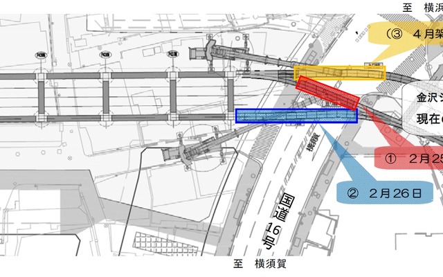 国道16号をまたぐ部分の架設スケジュール。2月から4月にかけて橋桁3本が架設される。