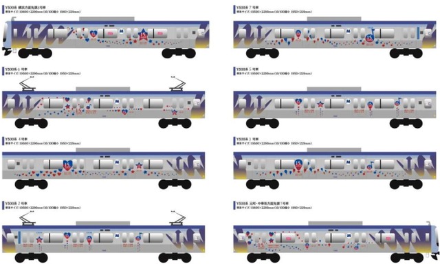 「横浜赤レンガ倉庫」開館15周年記念のラッピング列車のイメージ。Y500系の車体を装飾する。