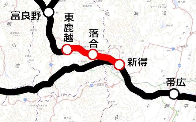 運休中の根室線東鹿越～新得間。現在は東鹿越～落合間のみ代行バスが運行されているが、3月28日から落合～新得間でも運行される。