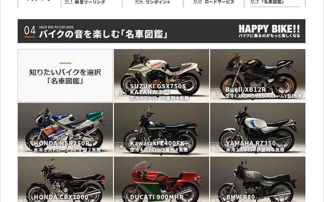 バイクの音を楽しむ「名車図鑑」