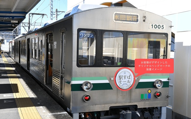 水間鉄道の列車に装着したヘッドマークのイメージ。購入者自身がデザインする。