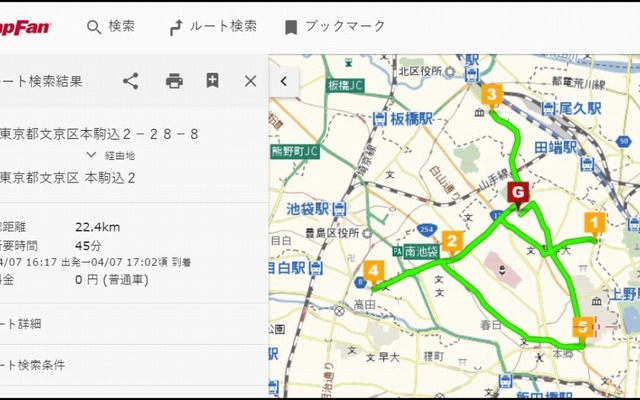 出発地から直線距離が近い順に経由地設定しルート検索した結果