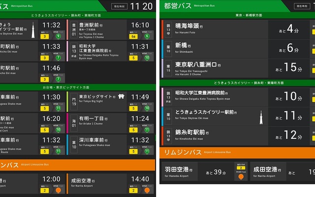 実証実験で設置されるデジタルサイネージの画面イメージ。バスの案内が表示される。
