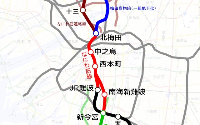 なにわ筋線などの新線構想の想定ルート。なにわ筋線は新大阪駅や北梅田の開発エリアから難波・関空方面に短絡するルートを構成する。