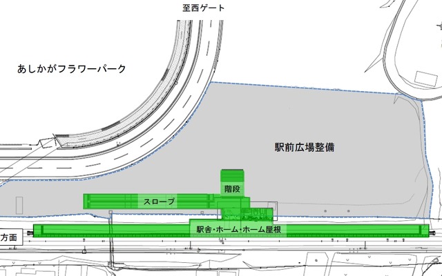新駅の平面図（下方が北）。あしかがフラワーパークの近くに設けられる。
