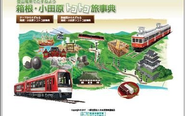 「登山電車でたずねよう　箱根・小田原トコトコ旅事典」のトップ画面。「テーマからたずねる」を選択すると「学習テーマ」メニューからそれぞれのテーマを閲覧でき、鉄道の歴史や役割などを調べることができる。「路線図からたずねる」を選択すると、各駅から徒歩圏にある自然や文化財、歴史的建造物などを調べることができる。